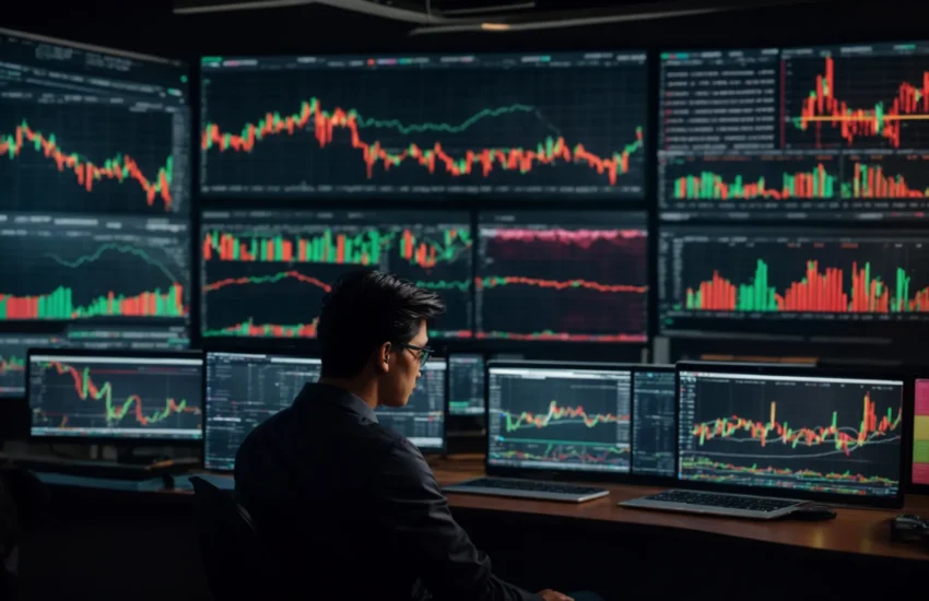 a person sitting in front of multiple computer screens displaying colorful stock market charts, deeply focused.
