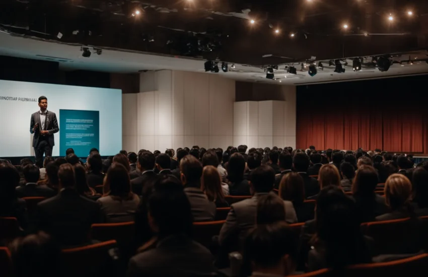 a speaker on stage presenting to an engaged audience at a professional conference.