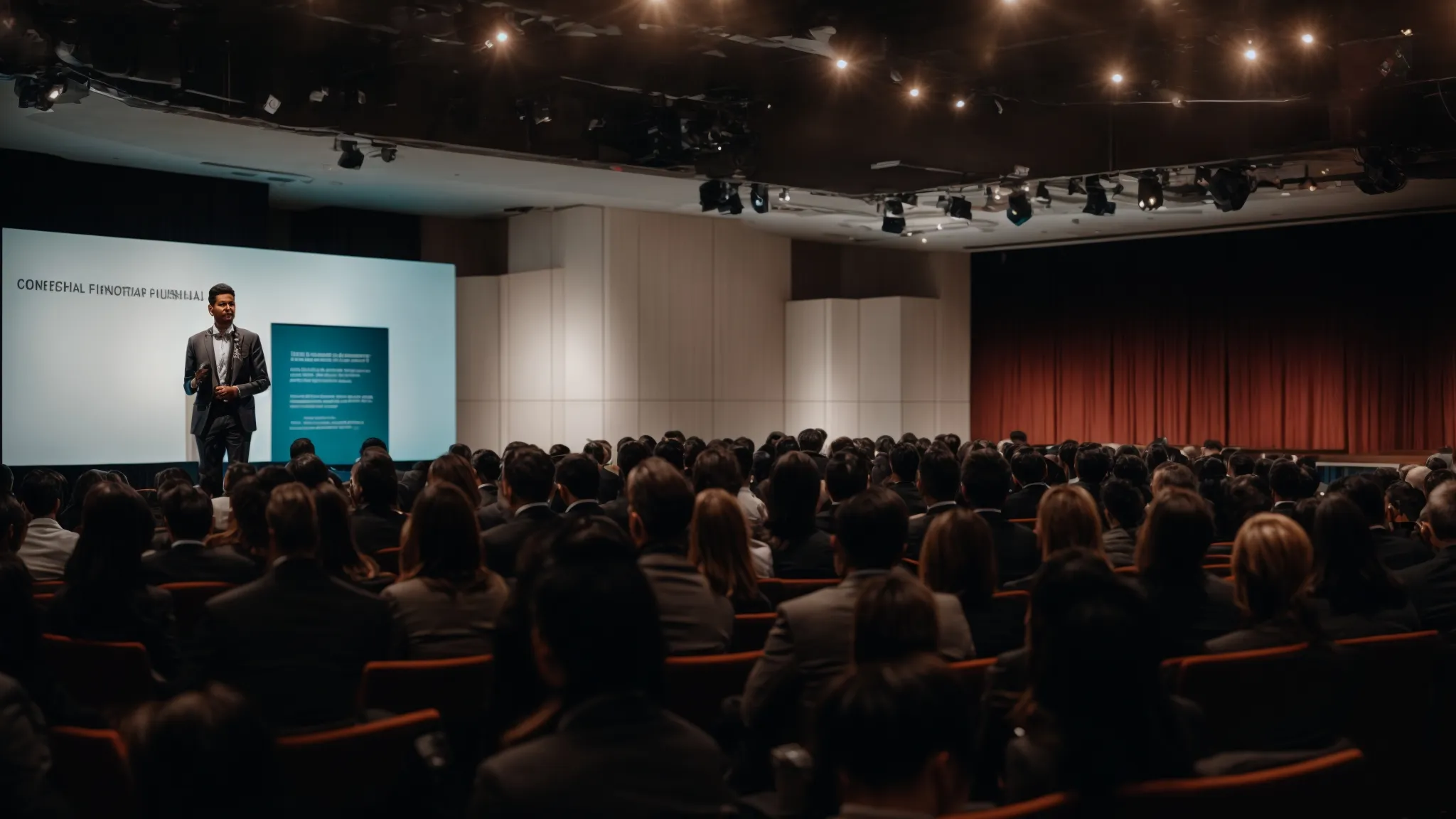 a speaker on stage presenting to an engaged audience at a professional conference.