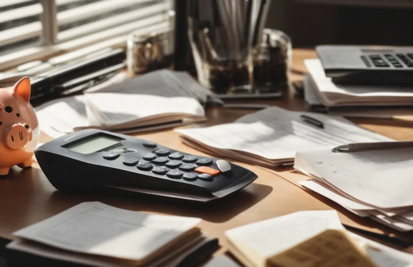 a relieved individual sits at a home office desk, surrounded by financial documents, with a calculator and a piggy bank in view.