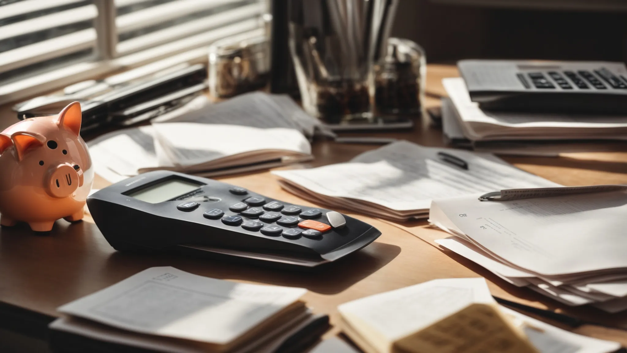 a relieved individual sits at a home office desk, surrounded by financial documents, with a calculator and a piggy bank in view.