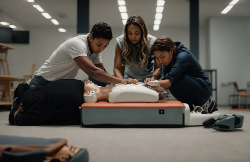 two people are practicing cpr on a dummy during a first aid training session.