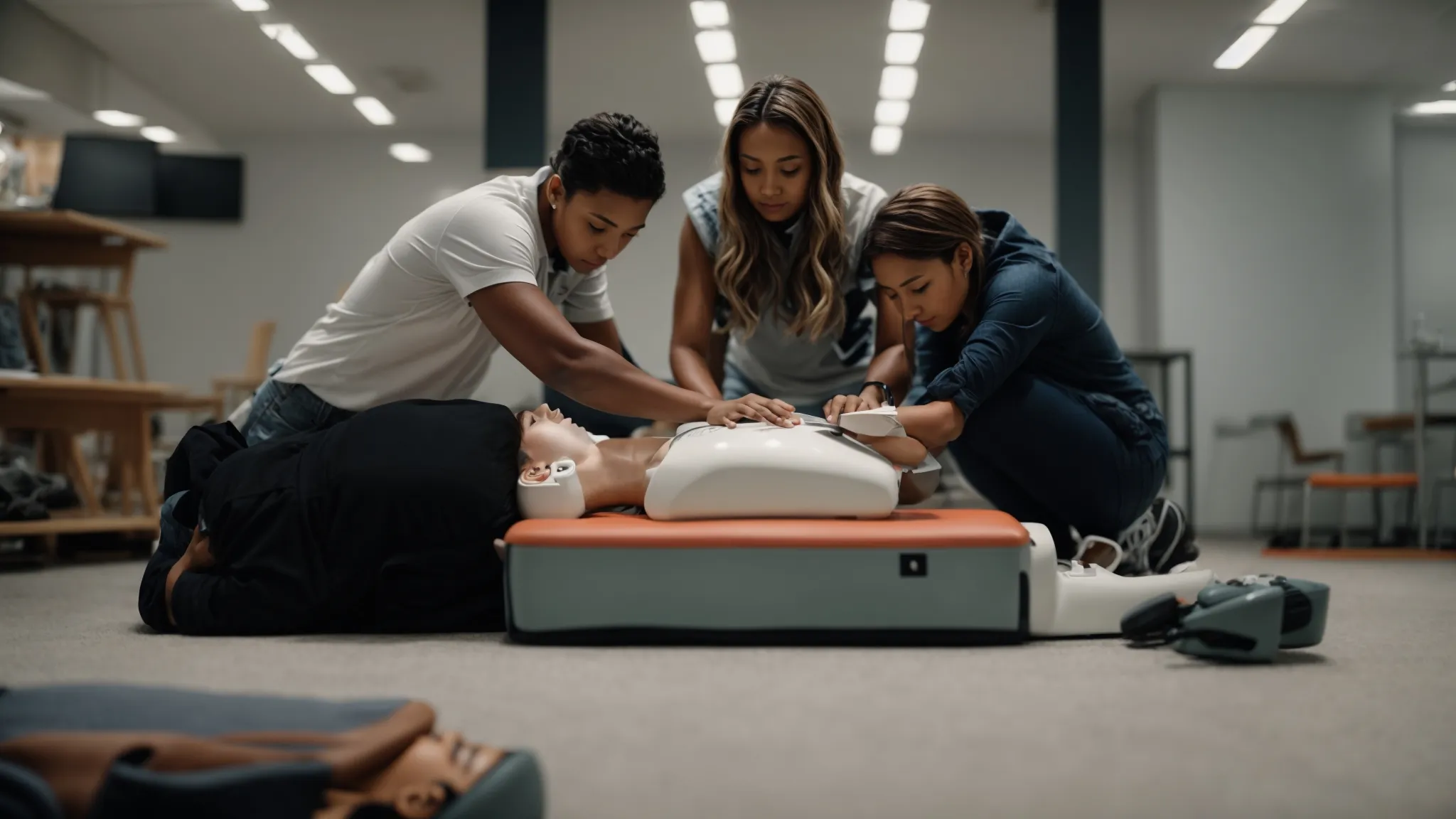 two people are practicing cpr on a dummy during a first aid training session.