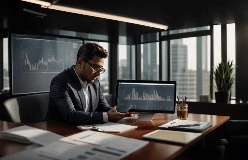 a business owner reviews financial charts and graphs on a tablet in a modern office setting.