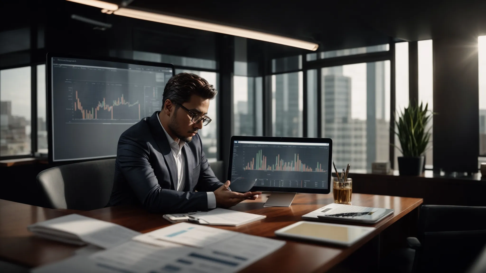a business owner reviews financial charts and graphs on a tablet in a modern office setting.