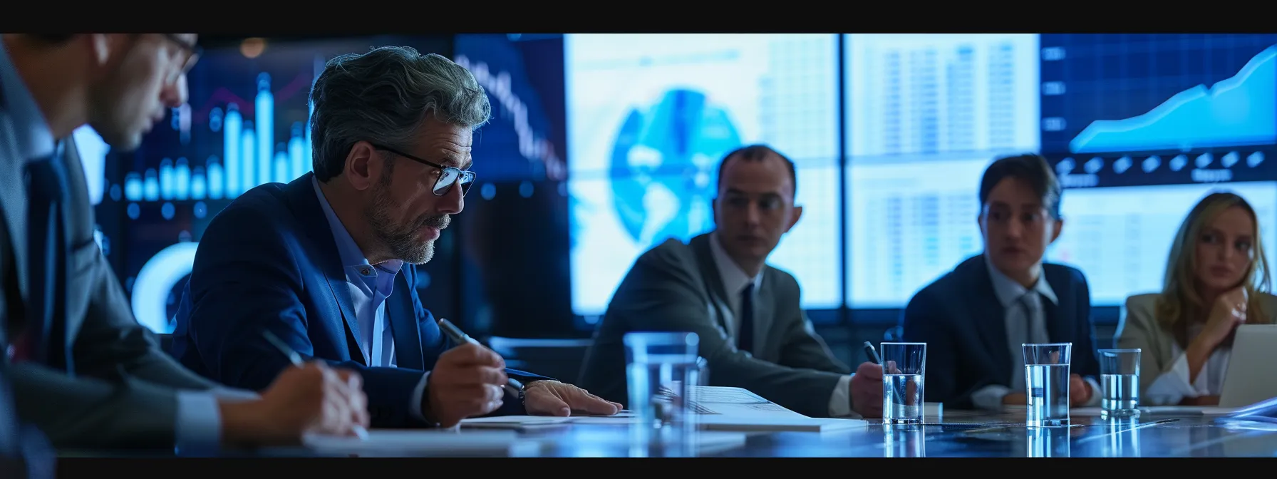 a group of business executives gathered around a conference table, engaged in intense discussion with visual data and charts displayed on a screen in the background.