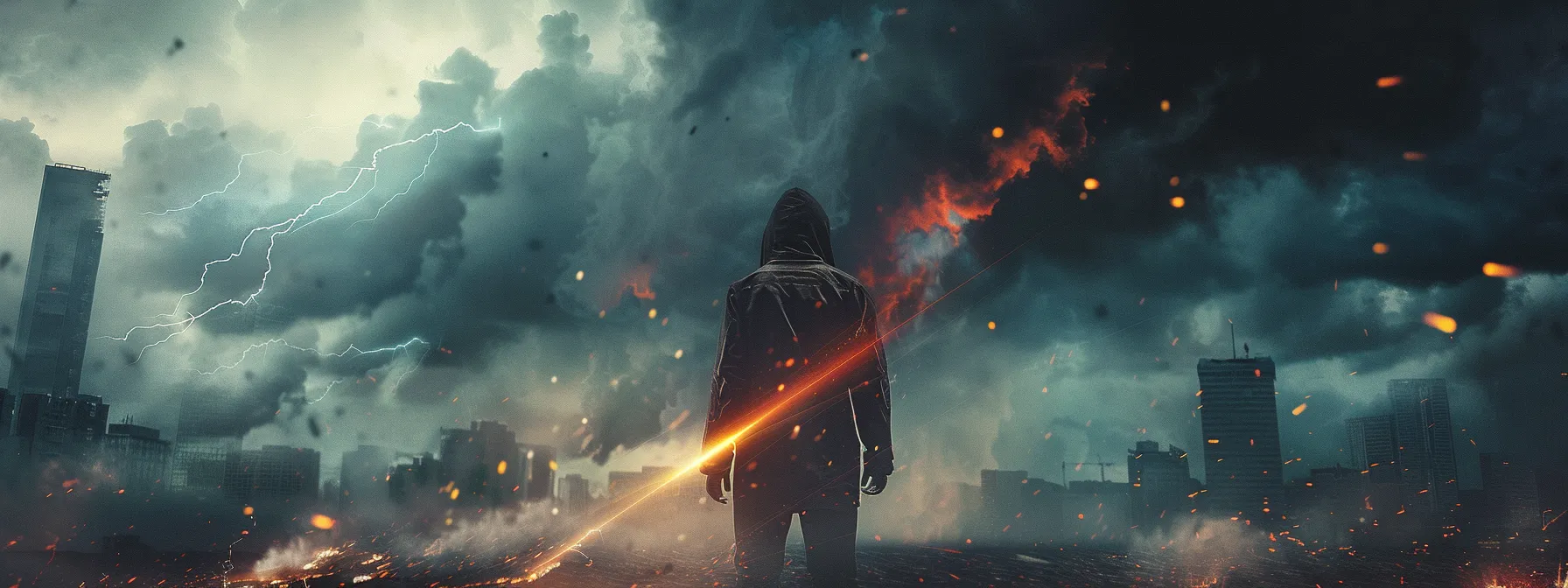 a leader standing strong amidst a storm, with a look of determination on their face.