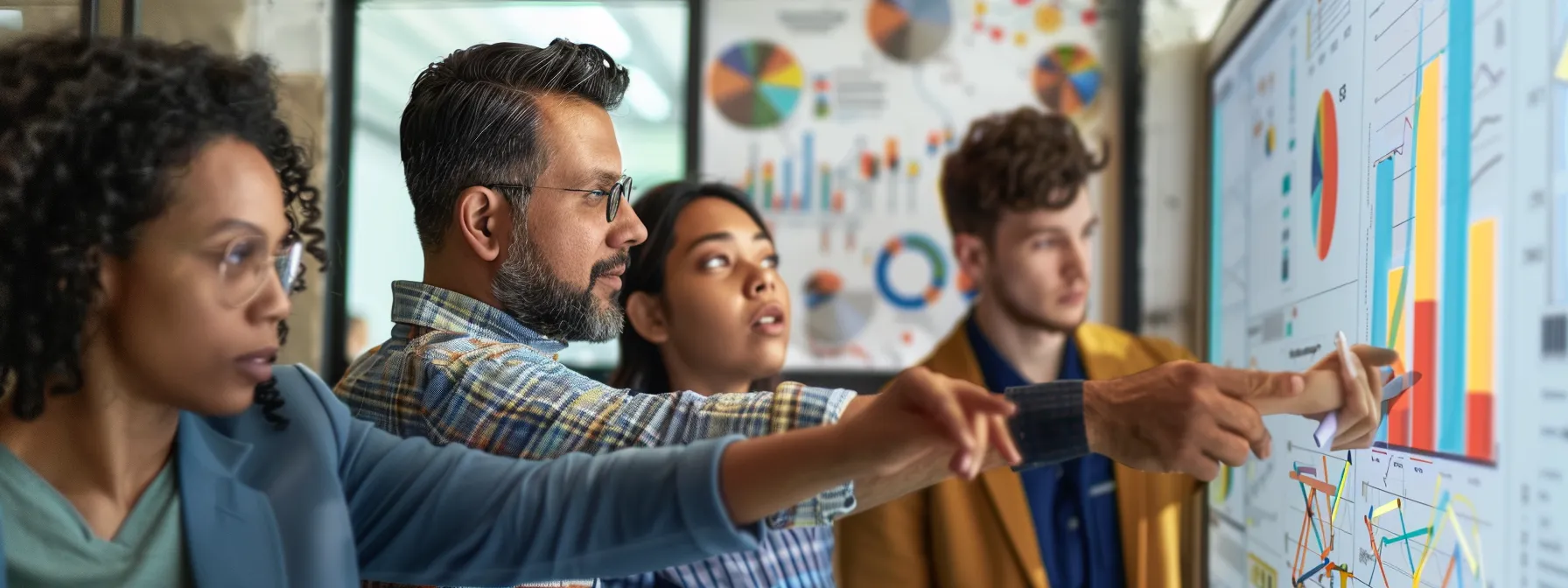 a group of diverse professionals collaborating around a whiteboard covered with colorful charts and diagrams, brainstorming ideas for a new project.