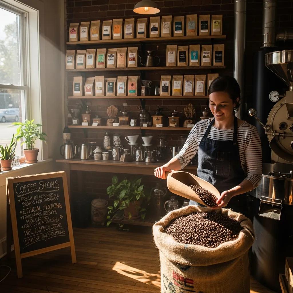 A barista selecting freshly roasted coffee beans in a cozy local roaster's shop, highlighting sourcing tips for premium coffee