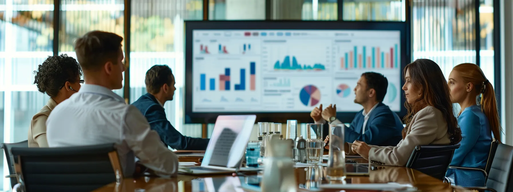 a group of business professionals gathered around a conference table, engaged in a lively discussion with charts and graphs displayed on a screen in front of them, showcasing their commitment to continuous learning and adaptability as key leadership traits.