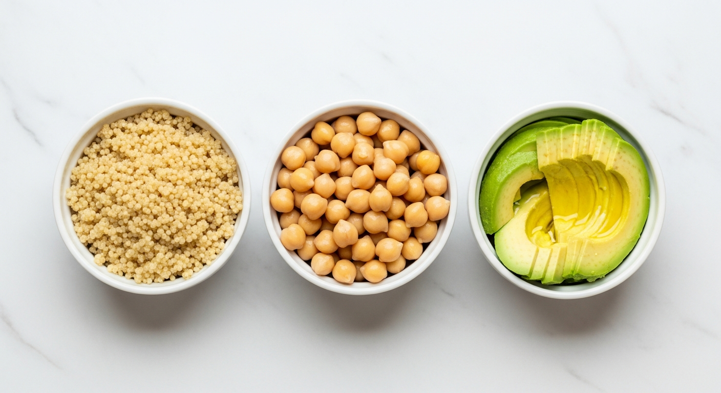 Infographic illustrating balanced nutrition principles with food groups