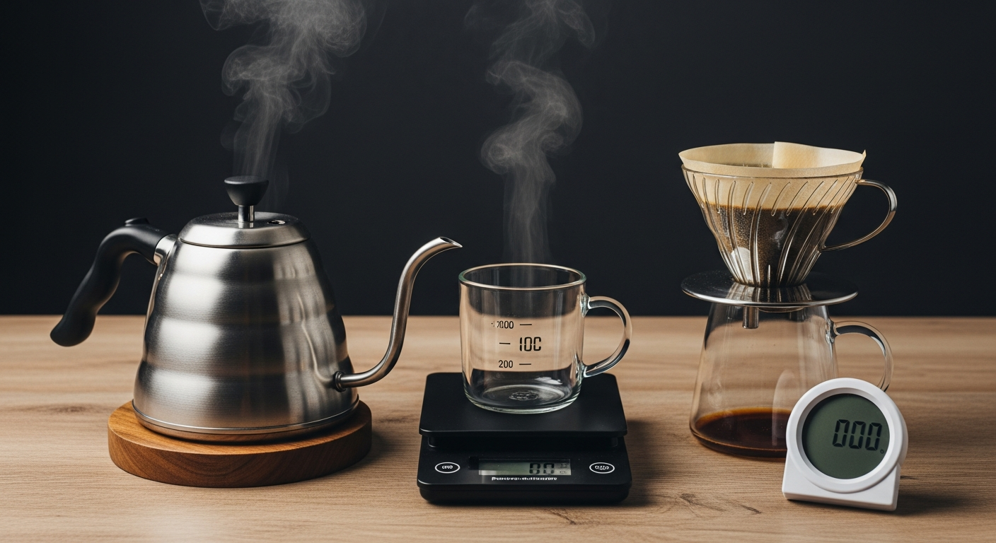 Essential AeroPress brewing equipment setup including brewer, grinder, scale, and kettle