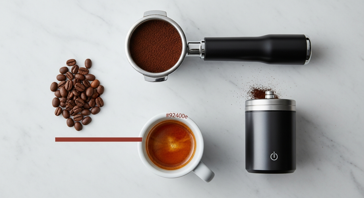 Close-up of a semi-automatic home espresso machine with a portafilter, demonstrating the brewing process.