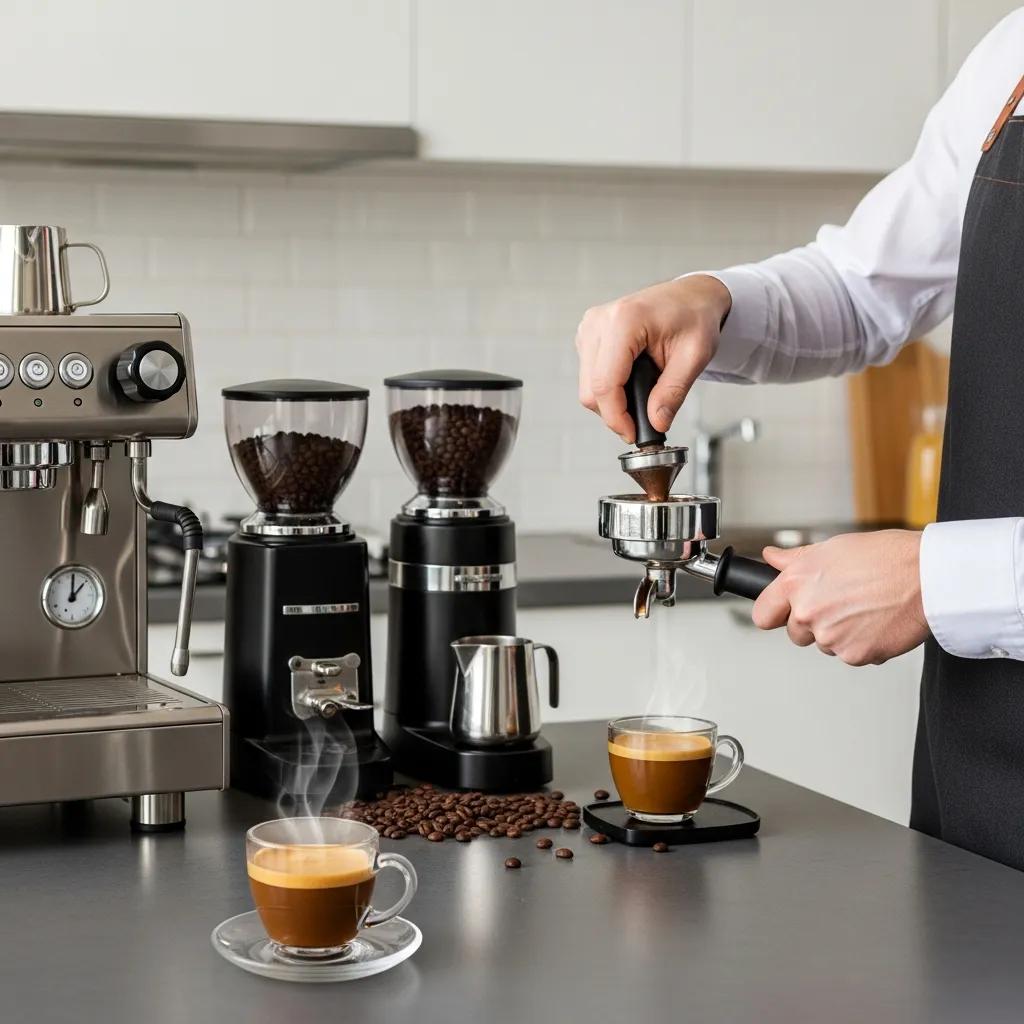 Barista preparing espresso at home with grinder and espresso machine